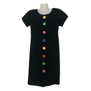 Vintage Rainbow Button Front Fitted David Mitchell Petite 80’s Dress Black
